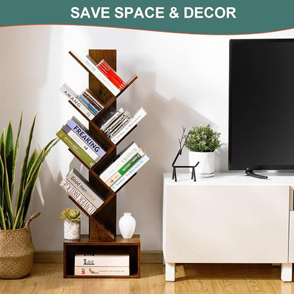 Yoobure Tree Bookshelf - 6 Shelf Retro Floor Standing Bookcase, Tall Wood Book Storage Rack for CDs/Movies/Books, Utility Book Organizer Shelves for Bedroom, Living Room, Home Office, Rustic Brown
