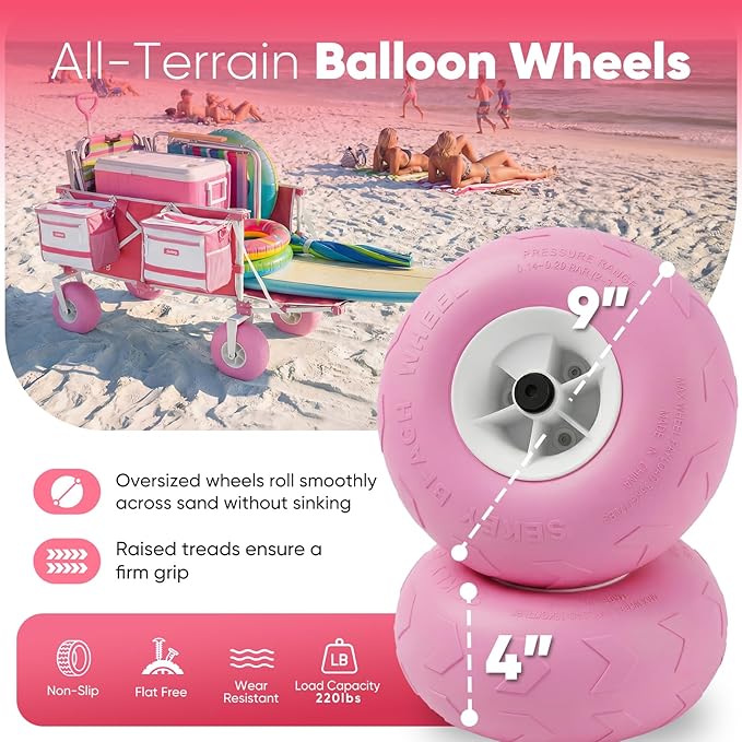 Sekey Heavy Duty Beach Wagon with 9" Big Sand-Proof Wheels, 300L Oversized Foldable Beach Cart with Cooler| Adjustable Handle & Balloon Tires for Sand, Camping,Vacation