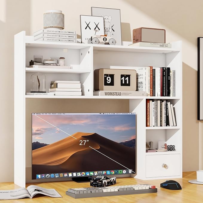 ELECWISH Desktop Bookshelf, Desk Hutch with Drawer for Computer Desk, 35.04" 6-Tier Adjustable Desktop Shelf Organizer for Home Office, White
