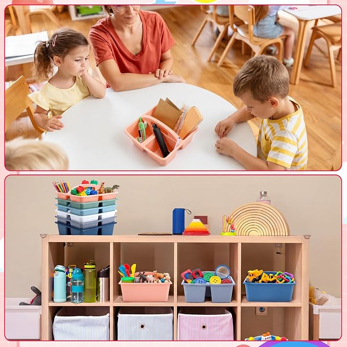 Potchen 12 Pack Classroom Caddy with Handle, Plastic Storage Caddy Organizer with 3 Compartments Portable Teacher Organization for Classroom School Table Desk Craft Art Workshop Home Office Supplies
