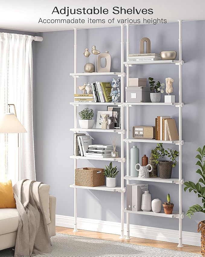 ALLZONE Adjustable Tall Narrow Bookshelf, 5-Tier Floor-to-Ceiling Tension Mount Ladder Book Shelf with Storage for Versatile Uses, Fits 92-116 Inch Ceilings, 27.84-Inch Wide Wood Shelves, White