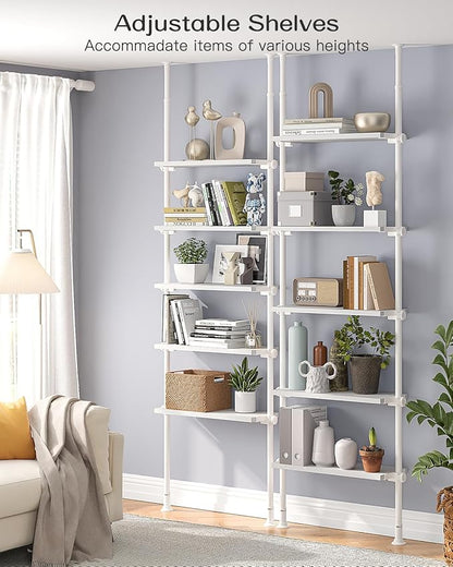 ALLZONE Adjustable Tall Narrow Bookshelf, 5-Tier Floor-to-Ceiling Tension Mount Ladder Book Shelf with Storage for Versatile Uses, Fits 92-116 Inch Ceilings, 27.84-Inch Wide Wood Shelves, White
