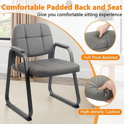 CLATINA Waiting Room Chair | Leather Guest Chair with Padded Arms no Wheels for Office Reception Conference Desk with Sled Base Grey, 2PK