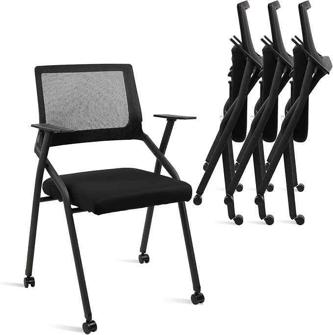 CLATINA Stackable Foldable Conference Room Chairs with Wheels, Portable Padded Office Desk Chair with Lumbar Support and Armrest for Training Room, Guest, Reception, Event, Black (4pk)