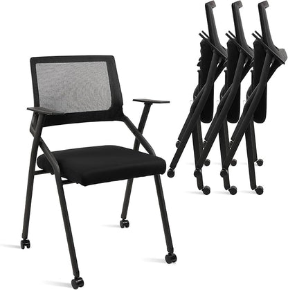 CLATINA Stackable Foldable Conference Room Chairs with Wheels, Portable Padded Office Desk Chair with Lumbar Support and Armrest for Training Room, Guest, Reception, Event, Black (4pk)