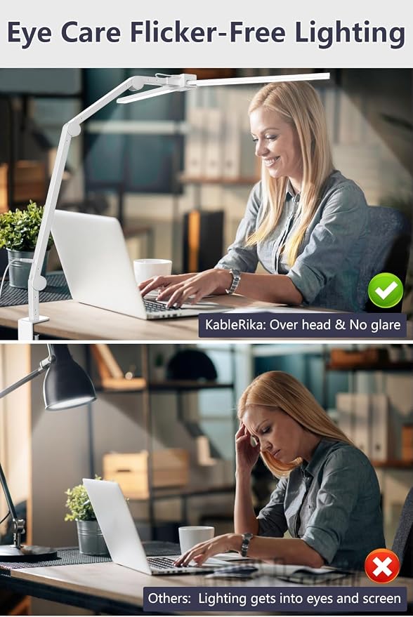 KableRika Desk Lamp,Double Head Desk Lamp with Clamp,24W Led Desk Lights for Home Office Ultra Bright Architect Table Lamp 4 Brightness 4 Color,Auto Dimming Task Lamp for Monitor Work Study White