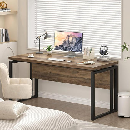 EXCEFUR Modern Computer Desk for Home Office, PC Laptop Gaming Desk, Metal Wood Study Writing Table Workstations for Bedroom Living Room, 53 Inch, Rustic Oak