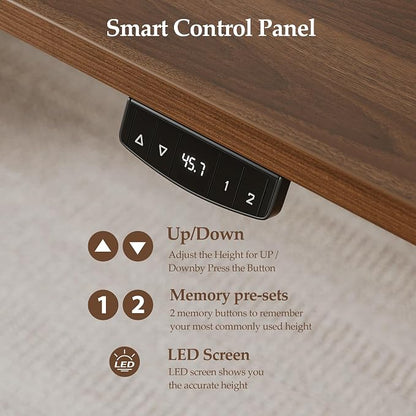 Klicelor 55 x 28 Electric Standing Desk, Sit Stand Up Home Office Desk, Height Adjustable Deep Cumputer Table with Memory Presets and Hooks, Two Pieces, Dark Walnut