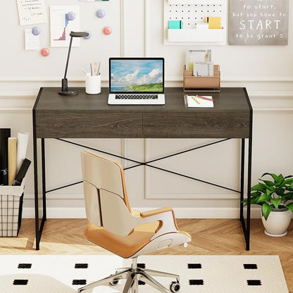 GOFLAME 44 Inch Computer Desk with 2 Drawers, Home Office Desk with Metal Frame, Small Study Writing Workstation with Storage, PC Laptop Table for Living Room, Bedroom, Study, Grey