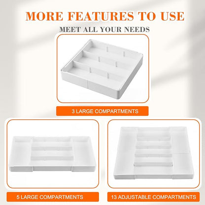 Briwooody 2 Pcs Large Expandable Acrylic Drawer Organizers, Grid Adjustable Drawer, Dividers Organizer for Desk, Makeup, Jewelry, Office, Kitchen Supplies (White,13 Compartments)