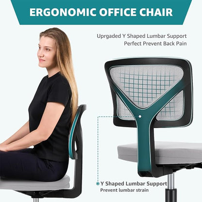 OLIXIS Armless Office Chair, Ergonomic Desk Chair with Wheels, Mesh Back, Removable Washable Foam Cushion, Height Adjustable Rolling Swivel Chairs for Small Space, Home, Office, Grey