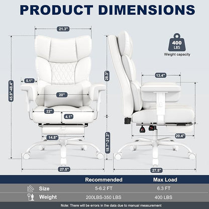 Misolant Big and Tall Office Chair with Footrest, High Back Executive Desk Chair with Adjustable Lift Armrest, 155°Recline，Lumbar Support Pillow, Faux Leather Gaming Chairs for Home All White