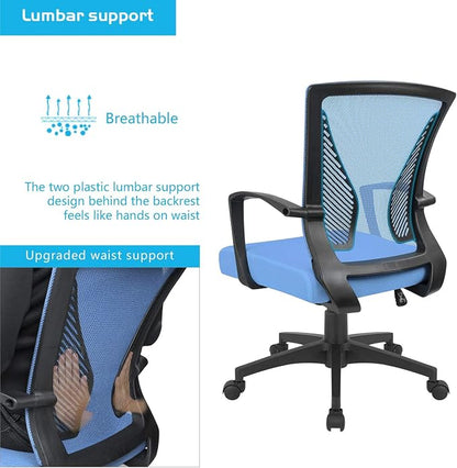 Furmax Office Chair Ergonomic Computer Desk Mesh Chair Mid Back Swivel Lumbar Support with Armrest (2, Blue)