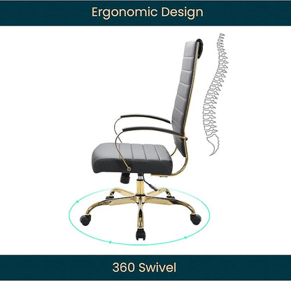 LeisureMod Modern High-Back Leather Office Chair - Swivel & Adjustable Executive Desk Chair with Gold Frame, Ergonomic Design for Home & Office (Black, Single)