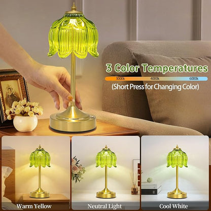 Cordless Lotus Flower Table Lamp, 5200mAh Rechargeable Battery Operated Portable Lamp, 3-Color Dimmable Touch Control Small Desk Lamp for Bedroom, Office, Kitchen, Nightstand,Room Decor(Green)