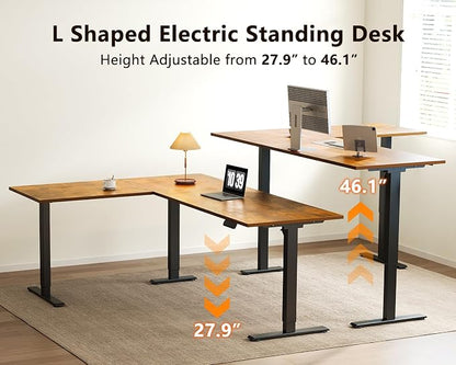Casaottima 71 Inch Reversible Electric L Shaped Standing Desk, Height Adjustable Corner Stand up Desk, Ergonomic Large Lift Table for Home, Office, Workstation, Reception Room, Rustic Brown