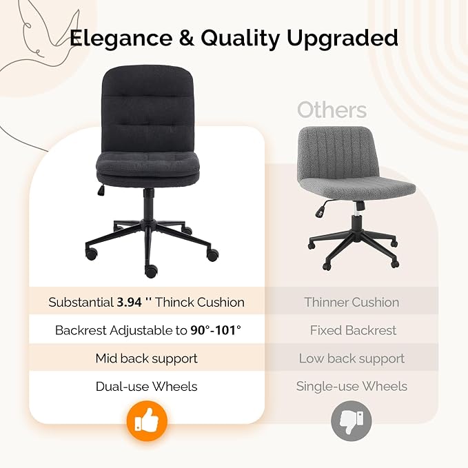 VINGLI Mid Back Armless Office Desk Chair with Wheels/no Wheels,360°Rocking Swivel Vanity Chair with Thickened Cushion,Adjustable Height Rolling for Reading Room, Make up, Linen Black
