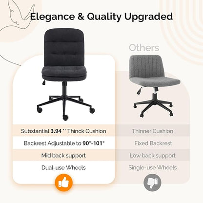VINGLI Mid Back Armless Office Desk Chair with Wheels/no Wheels,360°Rocking Swivel Vanity Chair with Thickened Cushion,Adjustable Height Rolling for Reading Room, Make up, Linen Black