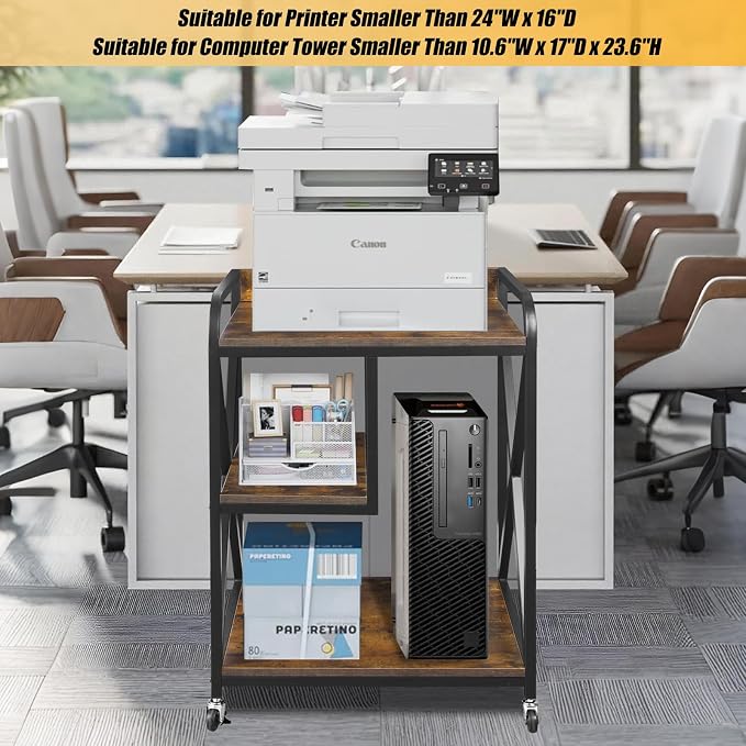 Extra Large Printer Stand, X-shaped Printer Stand with Storage, 2 Feet Width x 1.4 Feet Depth x 2.7 Feet Height, Mobile Printer Table with Wheels for Home Office, Printer and Shredder, Bearing 300 LBS