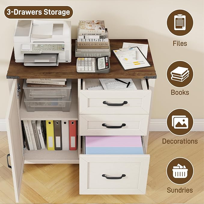 Halitaa Lateral File Cabinet with 3 Drawers, Farmhouse File Cabinet for Letter/A4 Size Hanging Files, Large Wood File Storage Cabinets Printer Stand for Home Office Furniture, Rustic White