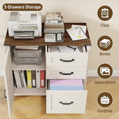 Befrases Farmhouse Lateral Filing Cabinet, Lateral File Cabinet with 3 Drawers and Storage Cabinet, Wooden Printer Stand with File Drawer for Letter/A4 Size Hanging File for Home Office, Rustic White