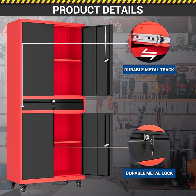 Fesbos 73" Metal Cabinet-Black & Red Heavy Duty Rolling Storage Cabinet Steel Tool Cabinets with Wheels, Shelves, Lockable Doors and Drawers- for Garage, Warehouse Home Office- Assembly Required