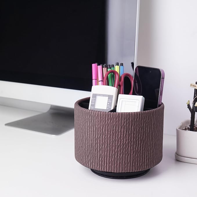 Round Leather Art Supply Organizer,Remote Control Holder,360 Degree Spinning,Multi-Functional Pencil Holder,4 Compartments Desktop Stationary Organizer(1-Wood Soil)