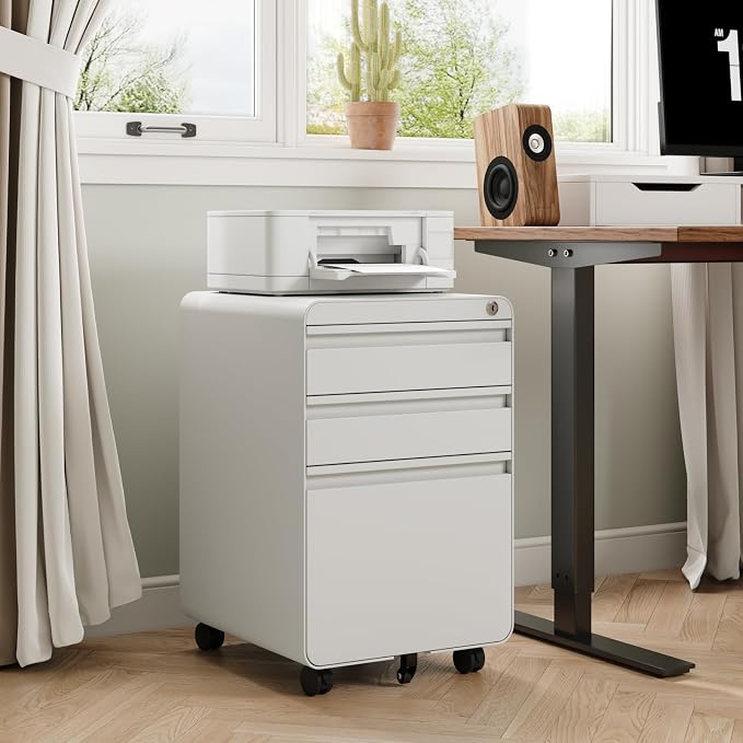 Dripex 3 Drawer White File Cabinet, Mobile Under Desk Storage File Cabinet with Lock on Wheels, Letter/Legal Size,Fully Assembled, Small Short Vertical Metal Rolling Filing Cabinets for Home Office
