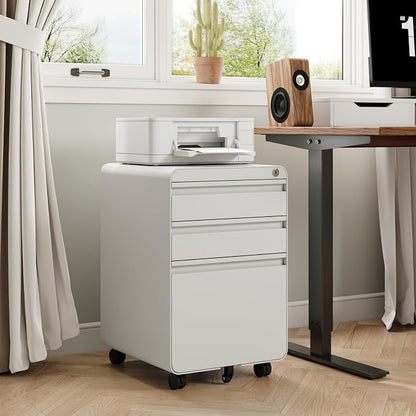 Dripex 3 Drawer White File Cabinet, Mobile Under Desk Storage File Cabinet with Lock on Wheels, Letter/Legal Size,Fully Assembled, Small Short Vertical Metal Rolling Filing Cabinets for Home Office