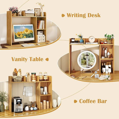 LDAILY Desktop Shelf, Multipurpose Wood Desk Hutch for Max 27" Computer Monitor, Countertop Storage Hutch with 5 Shelves, 3 Tier Desktop Display Rack for Dorm Office Home (Burlywood)