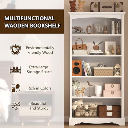 TVU 5-Tier Wooden Bookshelf, 31.5" W x 65" H ×9.9" D Bookshelf with Storage, Floor Standing Modern Style Display Bookcase for Living Room, Office, Study Room, Entryway, White
