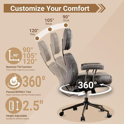 Home Office Chair,Ergonomic Computer Chair with Lumbar Support Adjustable Height,Mid-Century Modern Office Chair with Rolling Swivel Chair for Home Office Game Study(Suede Leather Chair,Brown)