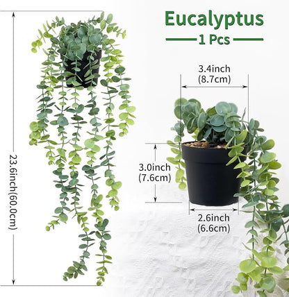 LOYWREE Fake Hanging Eucalyptus Plants Small Potted Long Vine Plants Indoor for Vintage Boho Farmhouse Bathroom Office Desk Wall Shelf Room Aesthetic Decor (Black Pot)