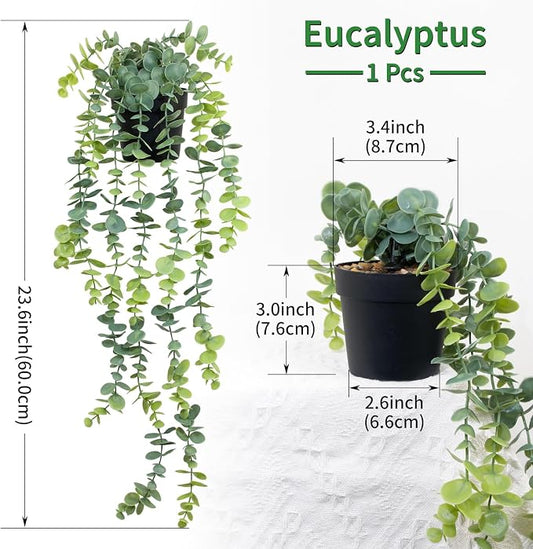 LOYWREE Fake Hanging Eucalyptus Plants Small Potted Long Vine Plants Indoor for Vintage Boho Farmhouse Bathroom Office Desk Wall Shelf Room Aesthetic Decor (Black Pot)