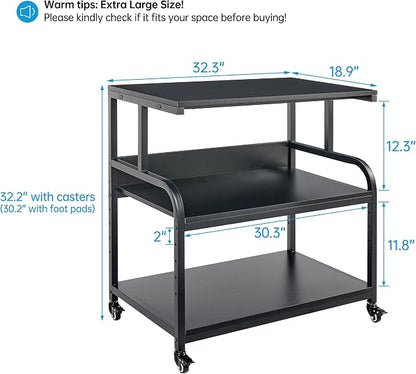 Fannova 32.3" x 18.9" Extra Large Printer Stand Table with Adjustable Storage Shelf, 3 Tier Rolling Printer Cart with Industrial Wheels for Home Office, Black