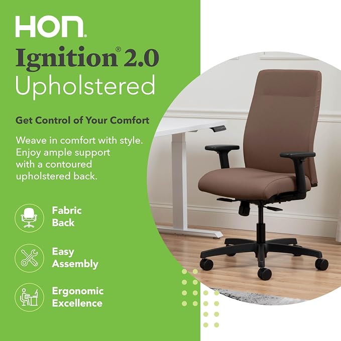HON Ignition 2.0 Ergonomic Office Chair with Adjustable Arms, Standard Synchro‑Tilt Recline, Upholstered Desk and Computer Chair for Home Office or Workstation, Black Frame, Bark