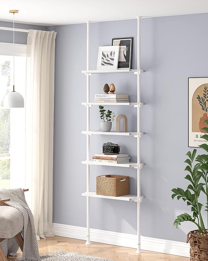 ALLZONE Adjustable Tall Narrow Bookshelf, 5-Tier Floor-to-Ceiling Tension Mount Ladder Book Shelf with Storage for Versatile Uses, Fits 92-116 Inch Ceilings, 27.84-Inch Wide Wood Shelves, White