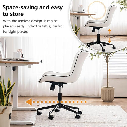 YOUNIKE White Armless Office Chair Faux Leather Small Cute Desk Chair with 12° Rocking Back Adjustable Height Swivel Vanity Chair Ergonomic Compact Home Computer Rolling Task Chair for Small Spaces