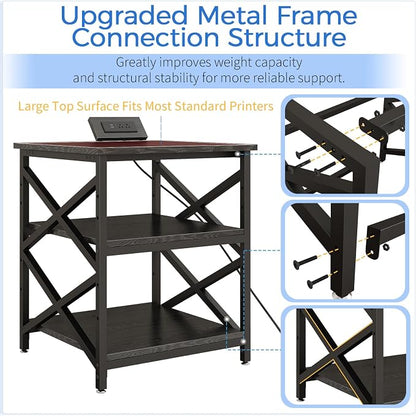 METYERRY Large Printer Stand with Power Outlet, with Height Adjustable Storage Shelf, 3 Tier Rolling Printer Cart with Industrial Wheels, 23.6 x 23.6 Inches Printer Table for Home Office,Black