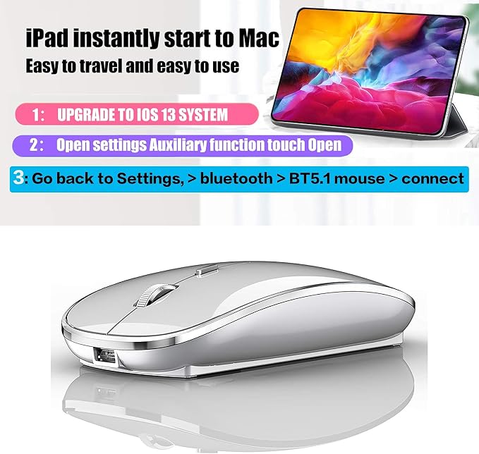 Rechargeable Bluetooth Mouse Wireless Bluetooth Mouse for iPad pro iPad Air Mac MacBook Pro MacBook Air Laptop Chromebook Windows HP DELL (Silver)