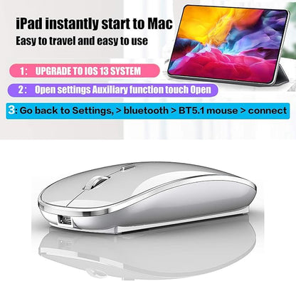 Rechargeable Bluetooth Mouse Wireless Bluetooth Mouse for iPad pro iPad Air Mac MacBook Pro MacBook Air Laptop Chromebook Windows HP DELL (Silver)