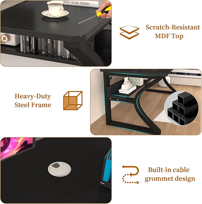 47 inch Computer Desk, Home Office Desk with Storage Shelf, Sturdy U-Shaped Metal Frame Study Table with Cable Management, Gaming Desk for Office & Bedroom (Black, 47inch)