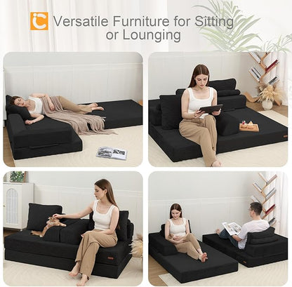 COMAX Futon Sofa Bed, Convertible Folding Sofa Bed, Boneless Couch Loveseat Corduroy with Pillows, Small Foldable Floor Couch Comfy Lounge Sleeper for Living Room Bedroom, Black
