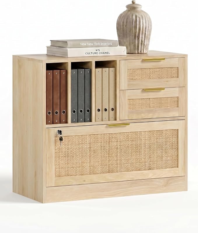 Lateral File Cabinets for Home Office, 3 Drawer and 3 Open Shevles Filing Cabinet with Lock, Wide Rattan Filing Organization Storage Cabinets with Printer Stand for Hanging Files/Letter, Natural Wood