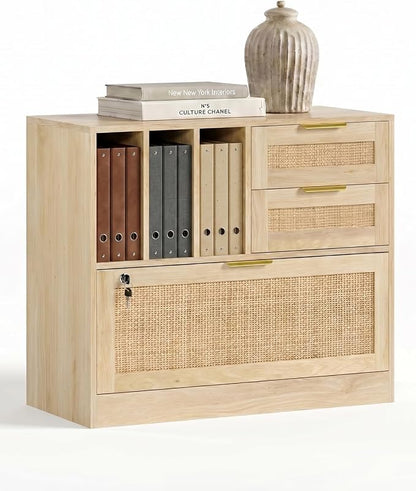 Lateral File Cabinets for Home Office, 3 Drawer and 3 Open Shevles Filing Cabinet with Lock, Wide Rattan Filing Organization Storage Cabinets with Printer Stand for Hanging Files/Letter, Natural Wood