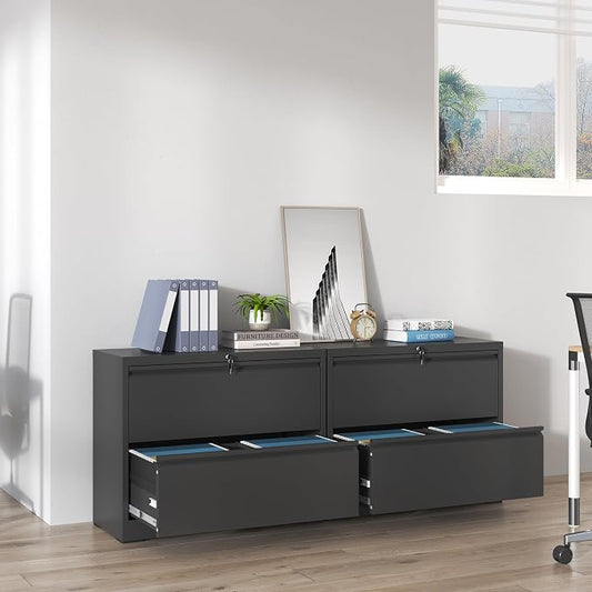 IKIMI Lateral File Cabinets 2 Drawer,Metal Lateral Filing Cabinet for Home Office,Wide Steel Storage Cabinet Commercial Drawer for Legal/Letter/A4 Size Files Assembly Required