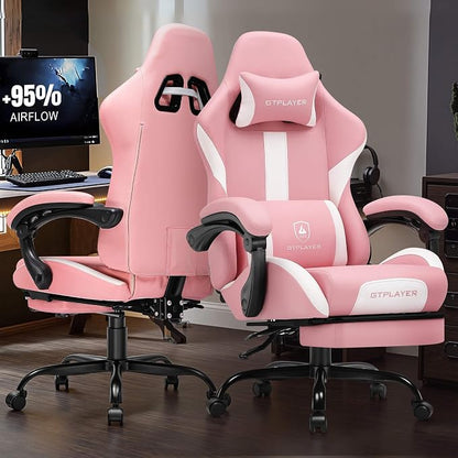 GTPLAYER Gaming Chair with Pocket Spring Cushion, Leather Office Chair with Ergonomic High Back & Lumbar Support for Back Pain Relief, Computer Game Chair for Adults, Pink