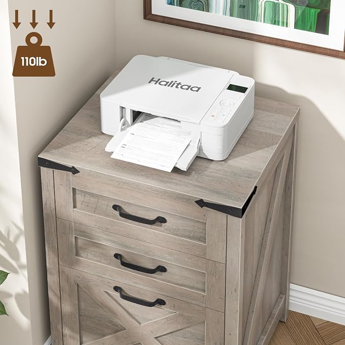 Halitaa 3 Drawer Small File Cabinet, Farmhouse Vertical Filing Cabinet Fits Letter and A4 Size, Under Desk Wooden File Cabinets for Home Office, Printer Stand, Rustic Grey