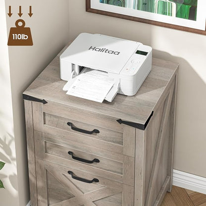 Halitaa 3 Drawer Small File Cabinet, Farmhouse Vertical Filing Cabinet Fits Letter and A4 Size, Under Desk Wooden File Cabinets for Home Office, Printer Stand, Rustic Grey
