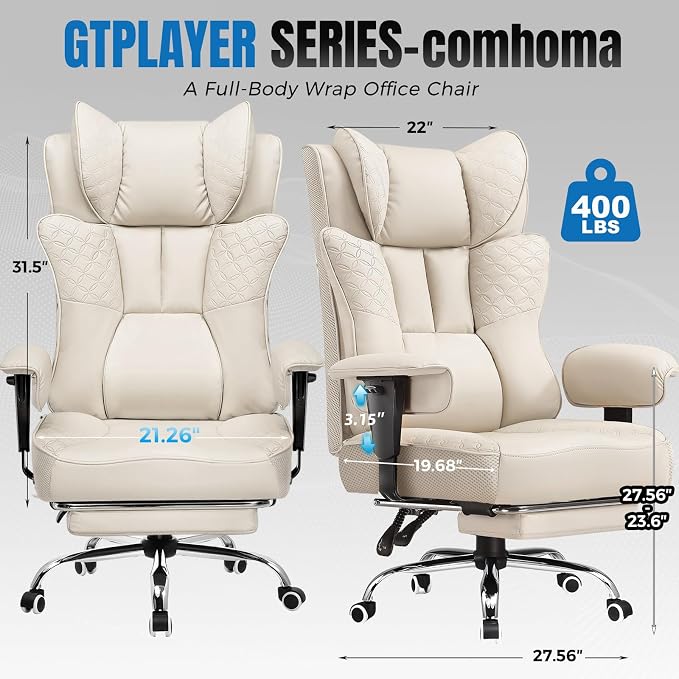 GTPLAYER Big and Tall Office Chair, Wide Ergonomic Gaming Chair with Deluxe Embossing Designed Leather with Foot Rest,150°Reclining Adjustable Soft Armrests Pocket Spring Back Support and Pillow